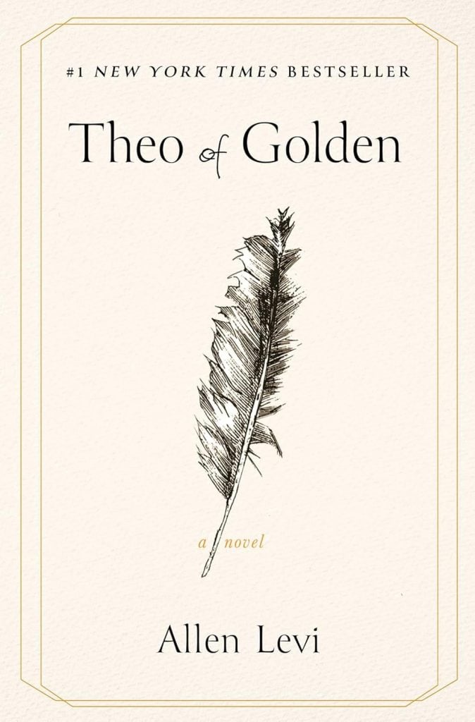Book cover of "Theo of Golden" by Allen Levi featuring a detailed illustration of a feather in the center, with a minimalist cream background and gold border accents—perfect for any Theo of Golden Book Club collection.