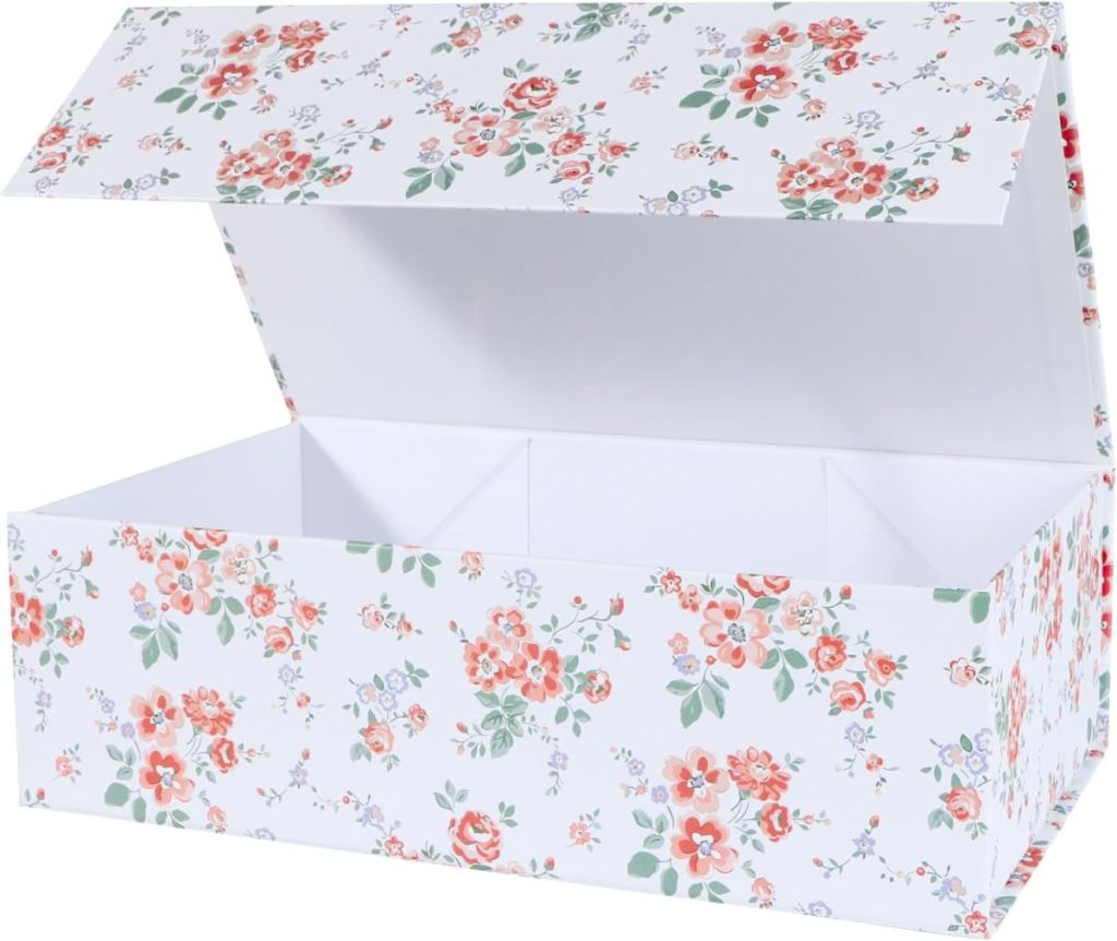 Rectangular cardboard box with a floral pattern and a partially open hinged lid, revealing an empty white interior&mdash;perfect for storing letters or wax seals.