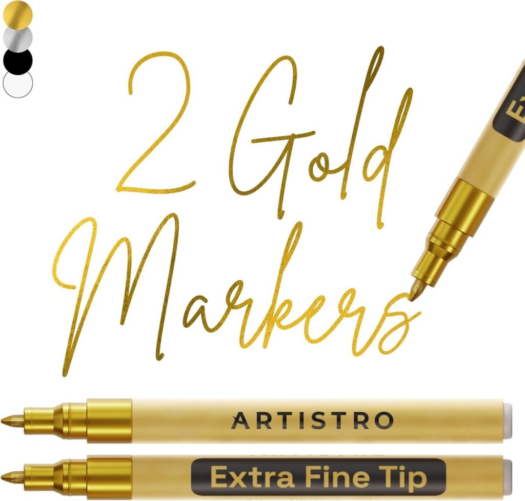 Two gold ARTISTRO extra fine tip markers, perfect for adding elegant details to wax seals. One marker writes "2 Gold Markers" in gold ink, with small color swatches (gold, black, white) displayed in the corner.