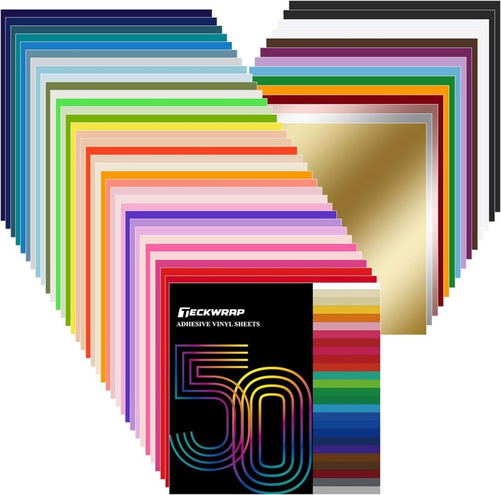 A set of 50 adhesive vinyl sheets in various colors, including metallic gold and silver, displayed in a fanned arrangement with the product packaging visible.