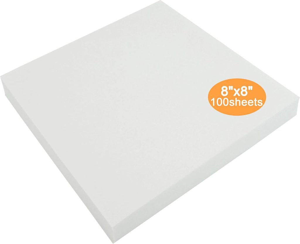 A stack of white square paper sheets with an orange label stating "8''x8'' 100 sheets" in the top right corner.