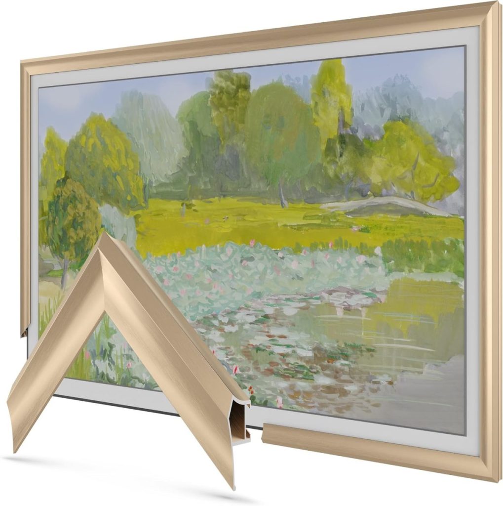 A framed landscape painting with a broken section of the frame detached in front of the artwork, reminiscent of the eclectic style admired by Theo of Golden Book Club.