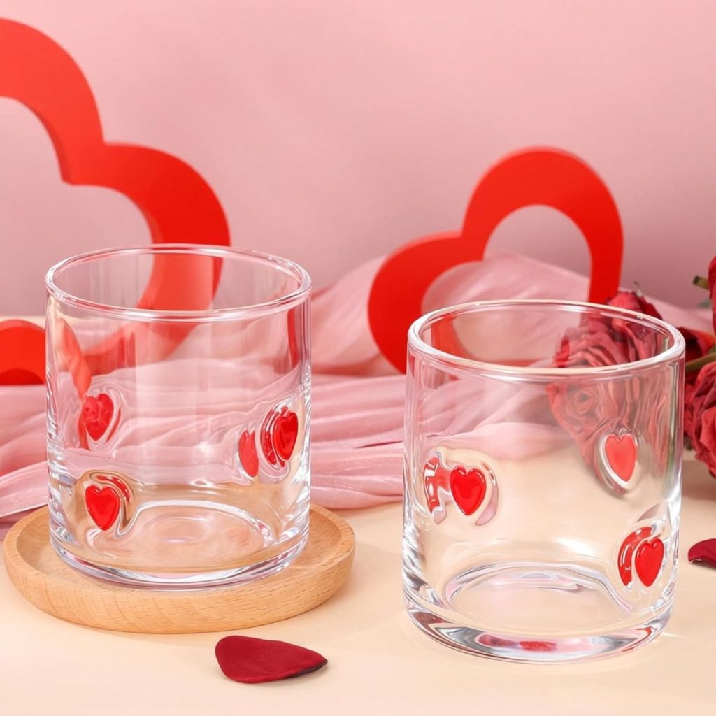 Two clear glass tumblers with red heart designs sit on a pink surface, surrounded by rose petals and red heart-shaped decorations—perfect for celebrating love or honoring Memorial Day with a special toast.