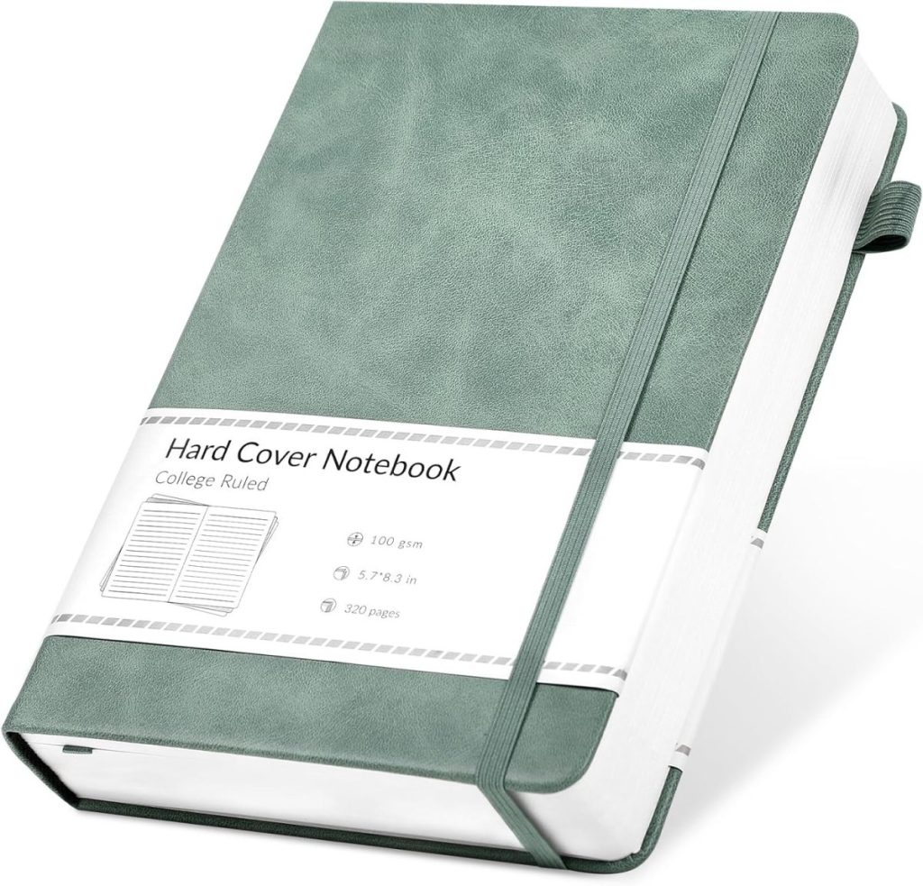 A hardcover, college-ruled notebook with a green cover, elastic closure, pen loop, and a touch of elegance reminiscent of wax seals; label indicates 5.7 x 8.38 in size, 100 gsm paper, and 320 pages.
