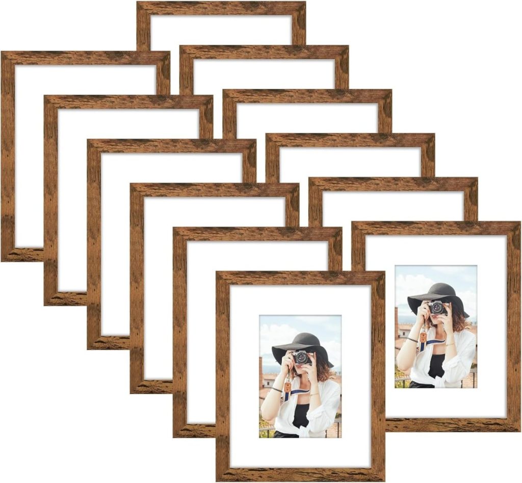Ten wooden picture frames arranged in overlapping rows, with one frame in front displaying a photograph of Theo of Golden Book Club holding a camera.