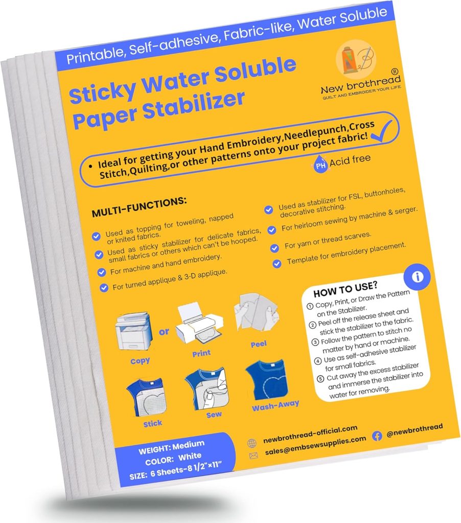 A package of "Sticky Water Soluble Paper Stabilizer" for embroidery and crafts, highlighting its uses, features, instructions, and contact information on the yellow and white label.