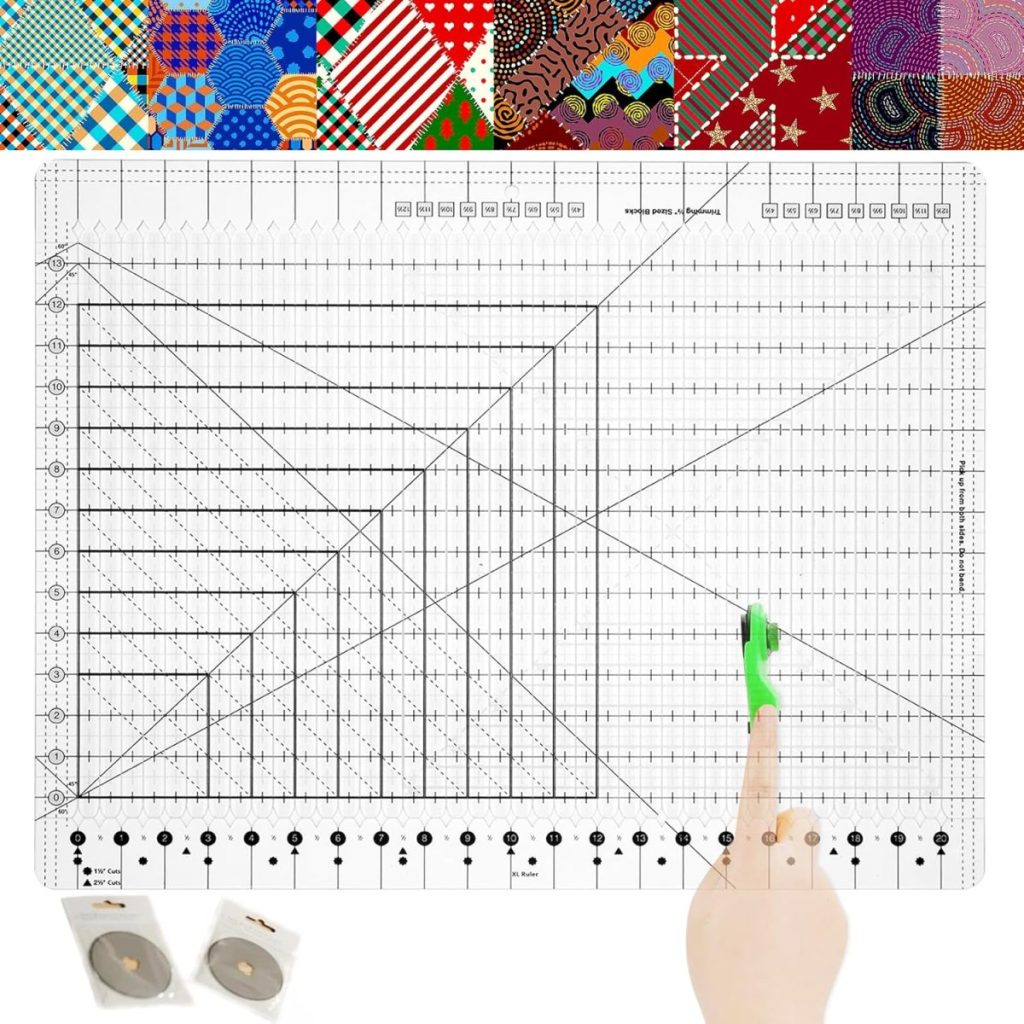 A gridded quilting ruler mat with measurement lines is shown, along with a hand holding a green rotary cutter and two rolls of tape in the corner; quilt patterns appear above.