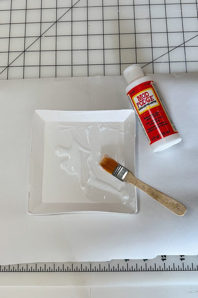 A paintbrush, a bottle of Mod Podge, and a foam tray with glue are on a white surface with a ruler and grid.