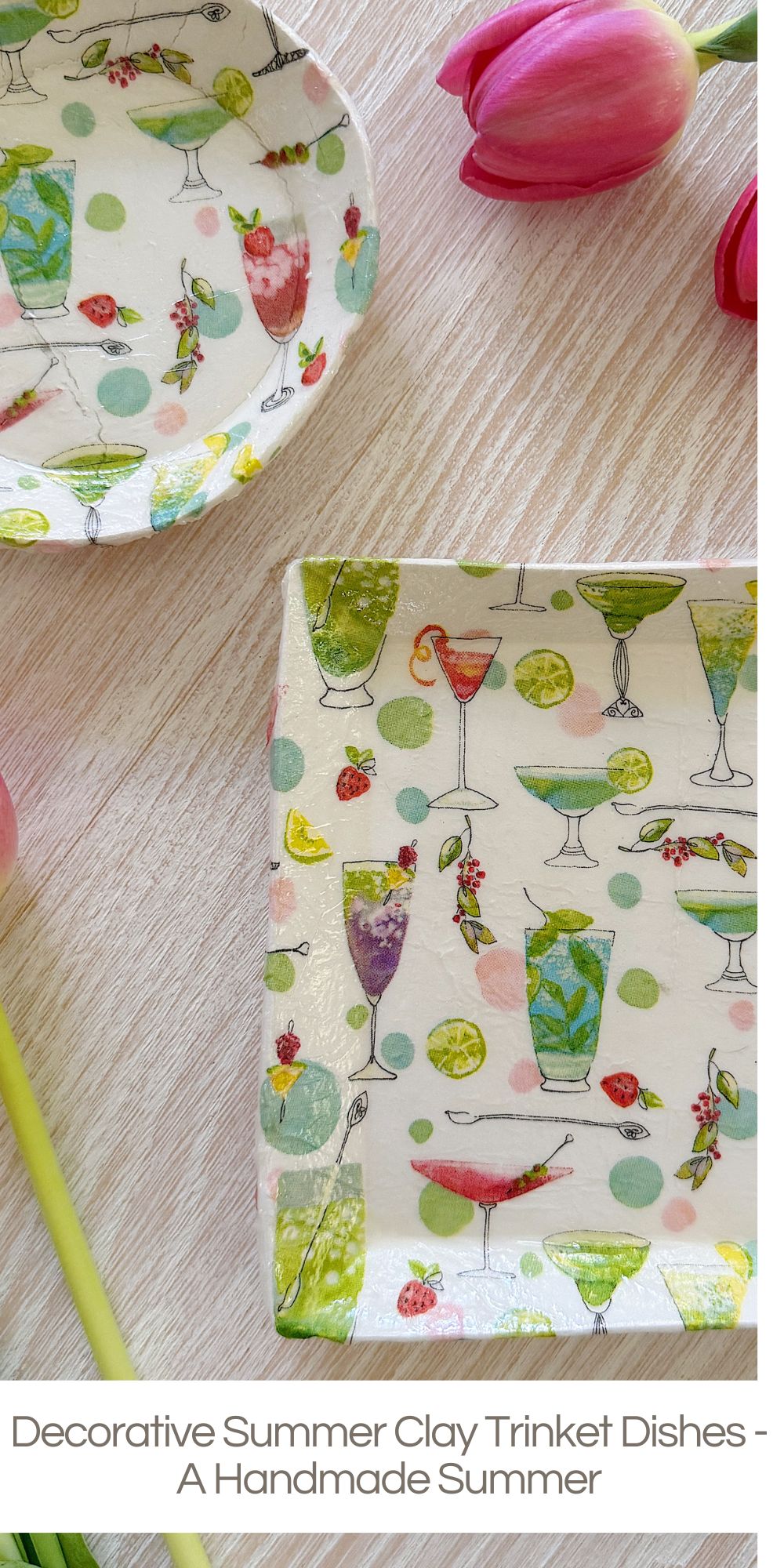 These Decorative Summer Clay Trinket Dishes were inspired by the cutest cocktail-themed paper napkins, and the moment I saw them, I knew they needed to become a summer DIY. 