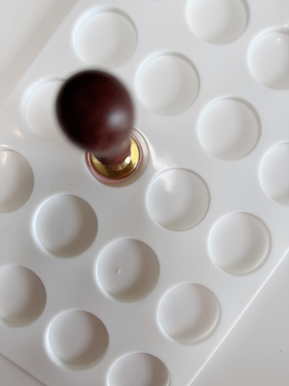 A brown wax seal stamp placed on a white tray with evenly spaced circular indentations.