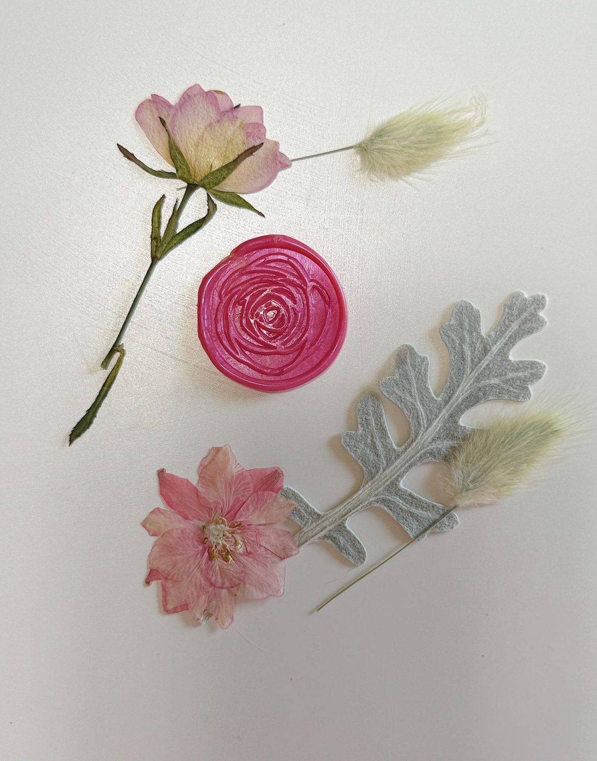 A flat lay of dried pink flowers, a pink circular object, two fluffy beige stems, and a grayish leaf on a white background.