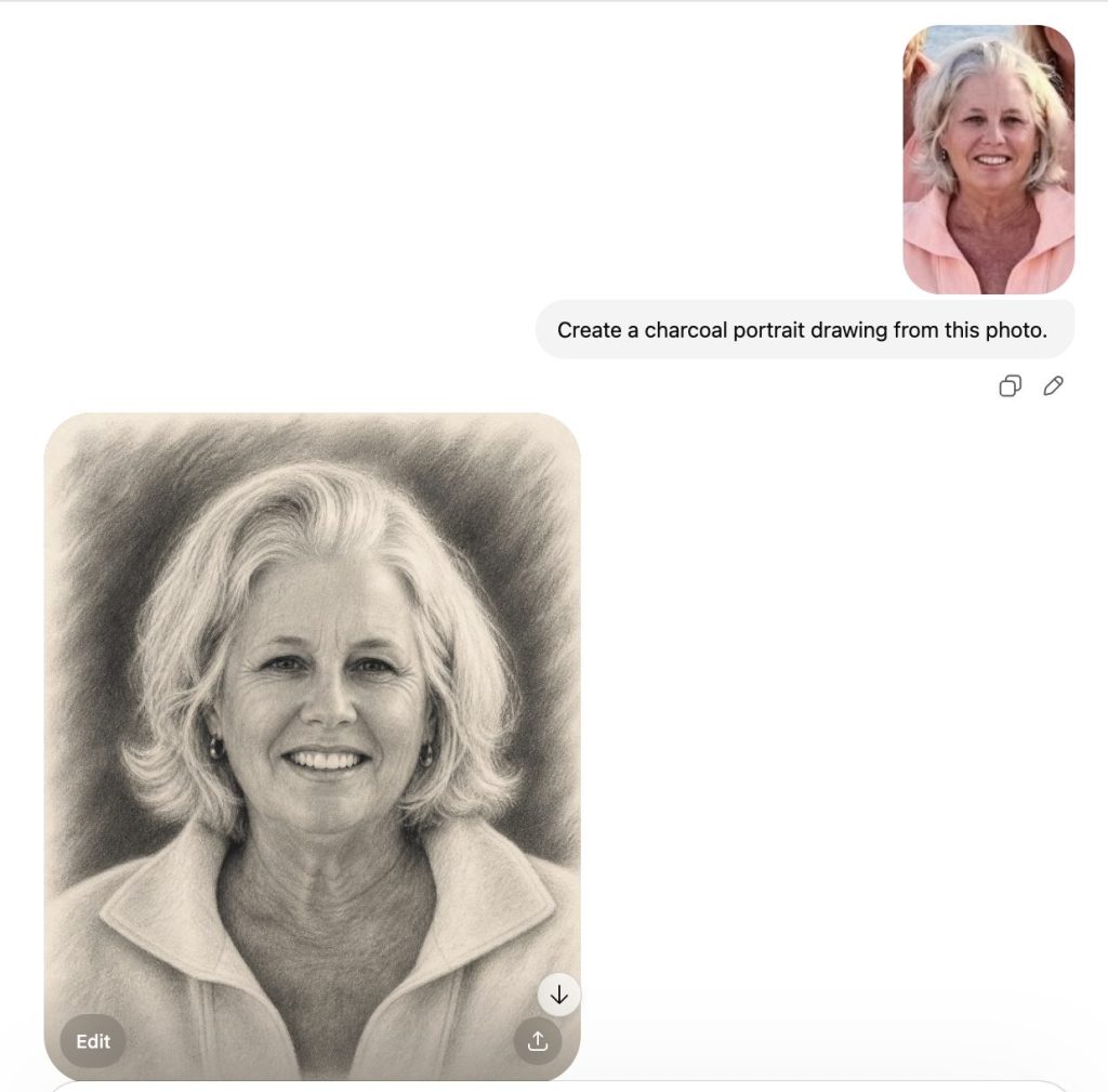 A charcoal portrait drawing of an older woman with short white hair, smiling, wearing a collared shirt, based on the reference photo shown above.
