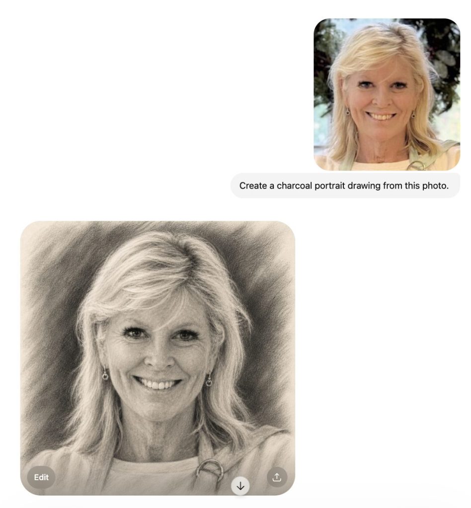 A color photo of a smiling woman is shown above a charcoal portrait drawing of the same woman, both featuring similar hairstyles and expressions.