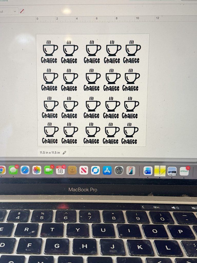 A computer screen displays a grid of teacup icons with the word "Chalice" beneath each, shown in a spreadsheet program above a MacBook Pro keyboard.
