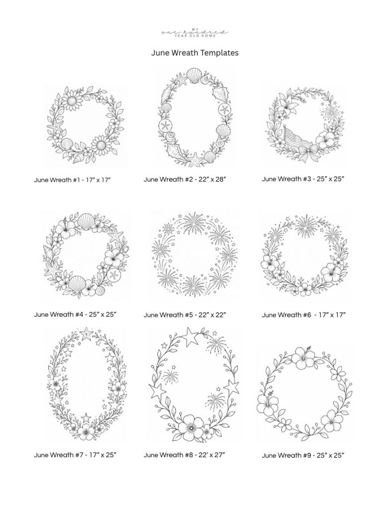 Nine black-and-white floral and nature-themed wreath templates labeled June Wreath #1&ndash;#9, with dimensions listed below each design.