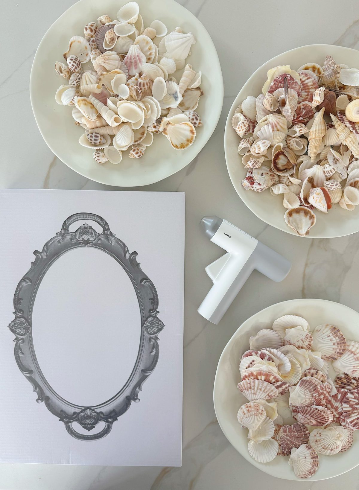 Three plates with assorted seashells, a blank canvas with an ornate oval frame design, and a white glue gun are arranged on a light surface.