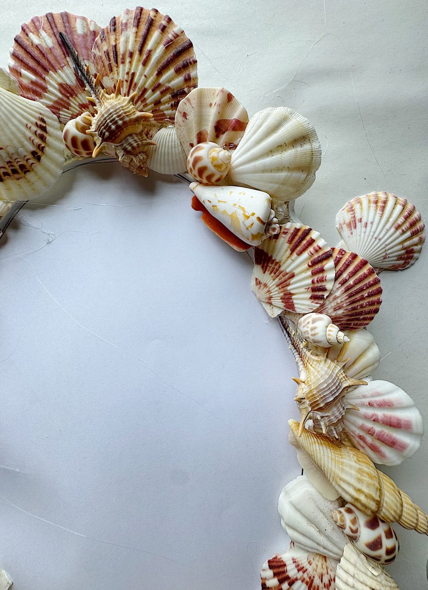 A decorative arrangement of various seashells is glued around the edge of a white oval surface on a light background.