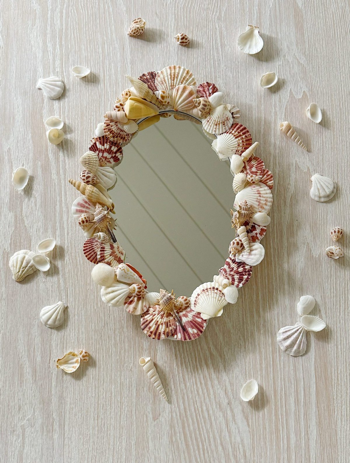 Oval mirror with a frame decorated with assorted seashells, surrounded by additional loose seashells on a light wooden surface.
