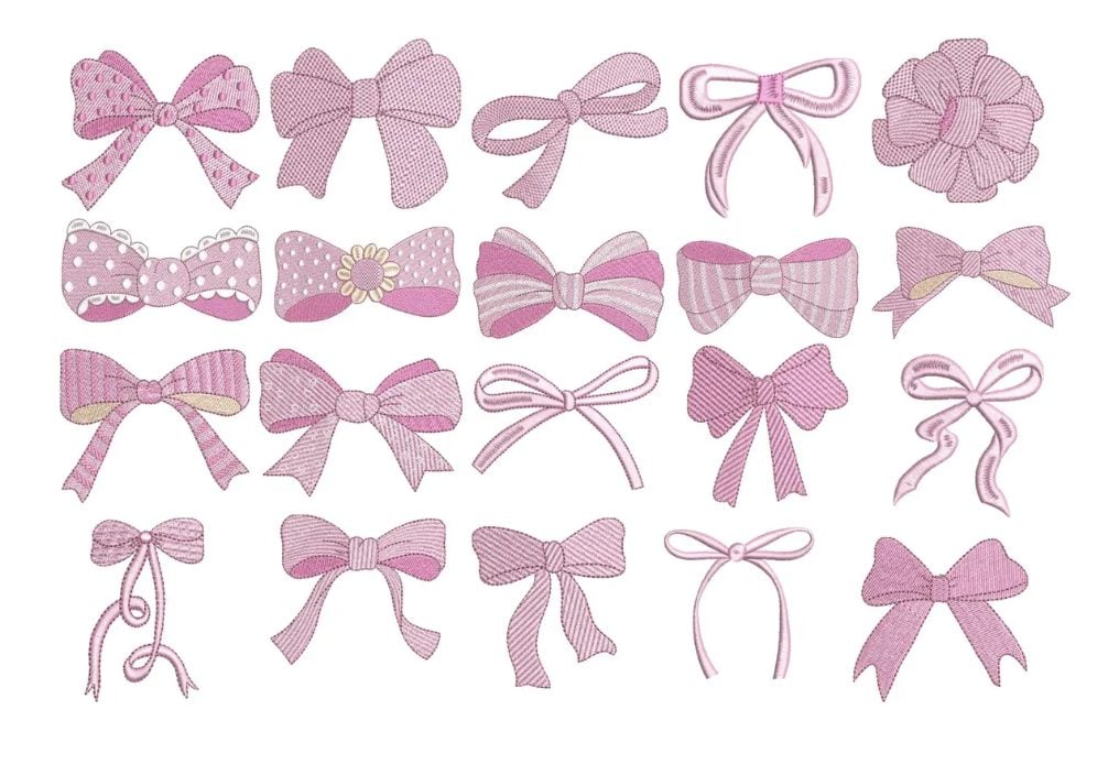 A collection of sixteen pink bows in various shapes and patterns displayed in a grid on a white background.