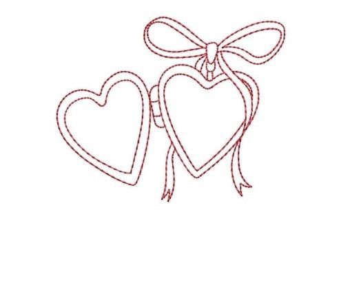 Two outlined hearts are joined by a ribbon tied in a bow, drawn in red on a white background.