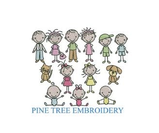 Cartoon-style embroidered figures of children, a cat, a dog, and babies arranged in rows above the text "PINE TREE EMBROIDERY.