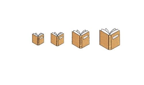 Four brown books of increasing size are arranged in a row from left to right, all open with white pages visible.