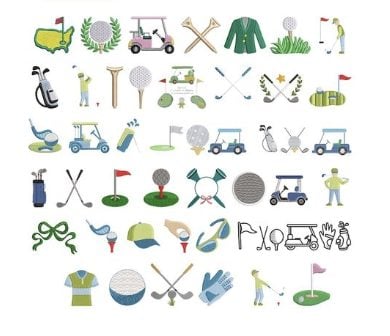 A collection of illustrated golf-related icons, including golf carts, clubs, tees, flags, trophies, and players in various poses and equipment.