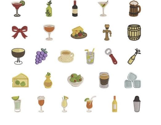 A collection of illustrated drink and food icons, including various glasses, bottles, a barrel, grapes, olives, a corkscrew, ice cubes, and a wedge of cheese.