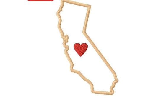 Outline of California with a red heart symbol centered inside the state.