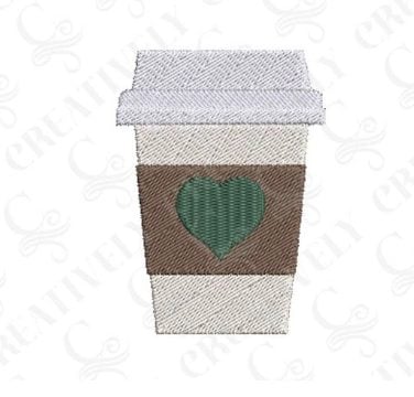 Embroidered design of a to-go coffee cup with a brown sleeve and a green heart in the center.