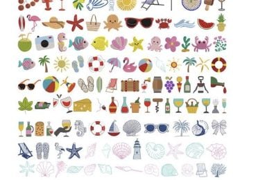 A collection of colorful beach-themed clipart icons, including animals, drinks, shells, beach gear, and tropical items arranged in rows on a white background.