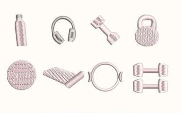 A set of embroidered icons depicting a water bottle, headphones, single dumbbell, kettlebell, exercise ball, yoga mat, resistance band, and a pair of dumbbells.