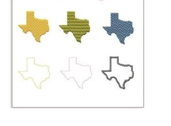 Six Texas state outline shapes in different colors and styles, arranged in two rows of three on a white background.