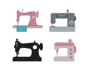 Four illustrated sewing machines in different colors and styles are arranged in a 2x2 grid on a white background.