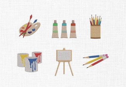 Illustration of art supplies including a paint palette with brushes, three paint tubes, a cup of colored pencils, three cans of paint, an easel, and three colored pencils.