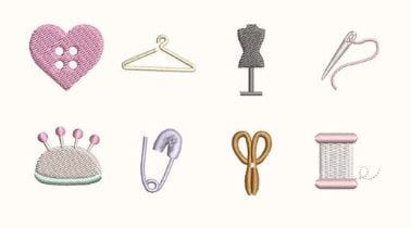 Eight sewing-related icons: heart-shaped button, hanger, dress form, needle with thread, pincushion, safety pin, scissors, and spool of thread.