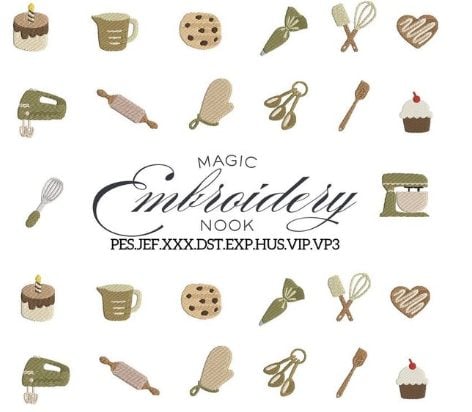 Embroidered illustrations of baking utensils, pastries, and desserts surround the text "Magic Embroidery Nook" with various embroidery file formats listed below.