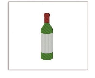 Illustration of a green wine bottle with a blank white label and a red cap, centered on a plain white background.