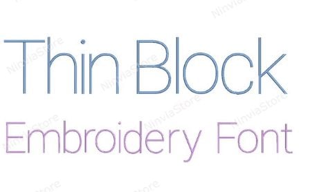 Text reads "Thin Block Embroidery Font" in thin, modern type; "Thin Block" is in blue and "Embroidery Font" is in purple.