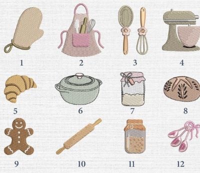 Embroidered illustrations of kitchen and baking items, including a mitten, apron, utensils, mixer, croissant, pot, jar, bread, gingerbread cookie, rolling pin, spice jar, and measuring spoons.