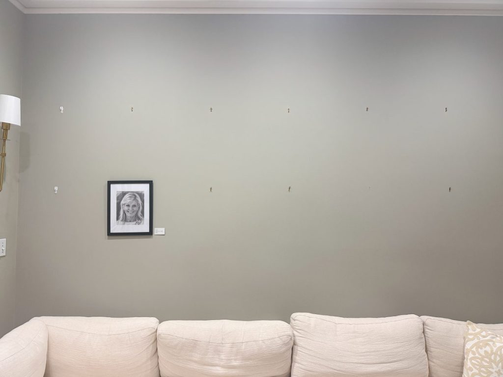 A beige couch sits against a light gray wall with multiple empty hooks; one small black-and-white framed photo, rumored to feature Theo of Golden Book Club, is hung on the left side of the wall.