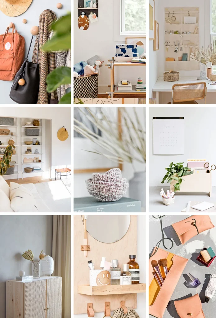 A collage of nine images featuring minimalist home decor, including storage solutions, plants, bags, office supplies, and neutral-toned furnishings in bright, organized rooms.