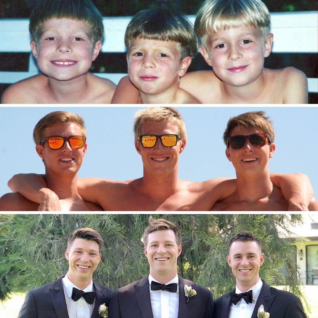 Three boys pose together as children, teenagers wearing sunglasses, and adults in tuxedos, shown in three horizontal panels.