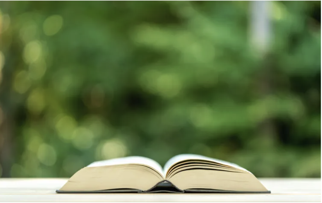 An open book lies on a flat surface outdoors, with a blurred green background of foliage.