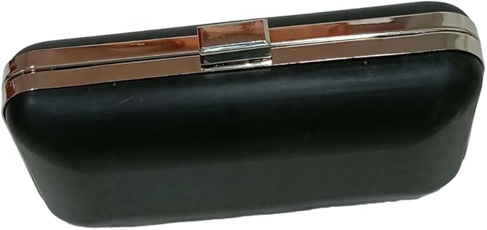 A black rectangular eyeglass case with a metallic clasp and trim, closed and viewed from an angled perspective.