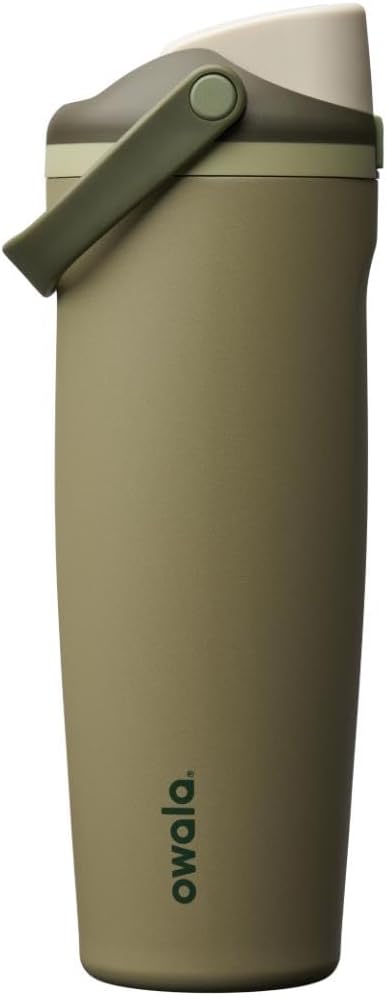 Olive green Owala travel tumbler with a flip-top lid and handle, perfect for Amazon Father&rsquo;s Day gifting, displayed against a white background.