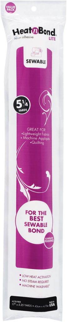 A package of HeatnBond Lite sewable iron-on adhesive, 5 1/4 yards, for lightweight fabrics, machine appliqués, and quilting; no steam required, low heat activation.