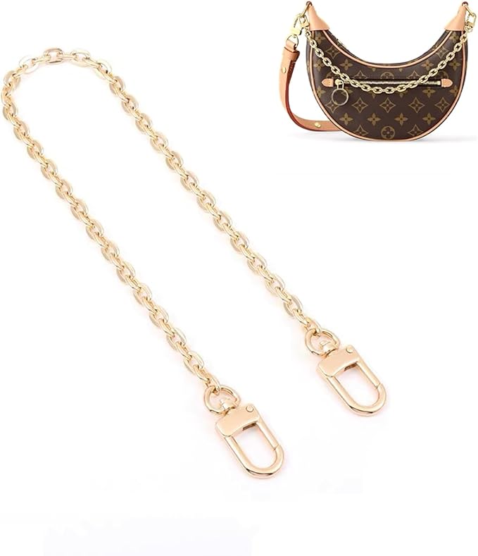 A gold chain strap with clasps on both ends is displayed, with a designer handbag shown in the top right corner as an example of use.