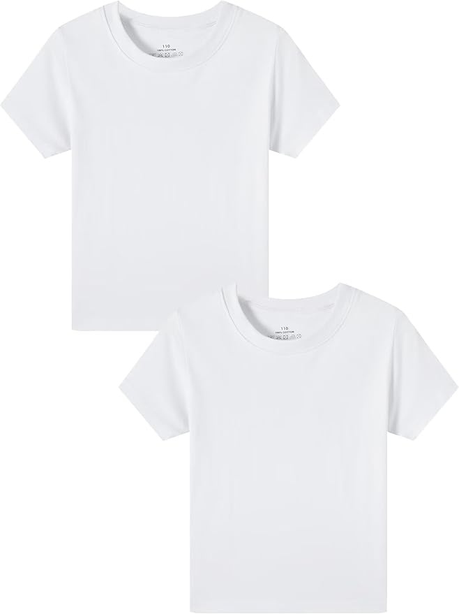 Two plain white short-sleeve t-shirts are shown, placed one in front of the other on a white background.