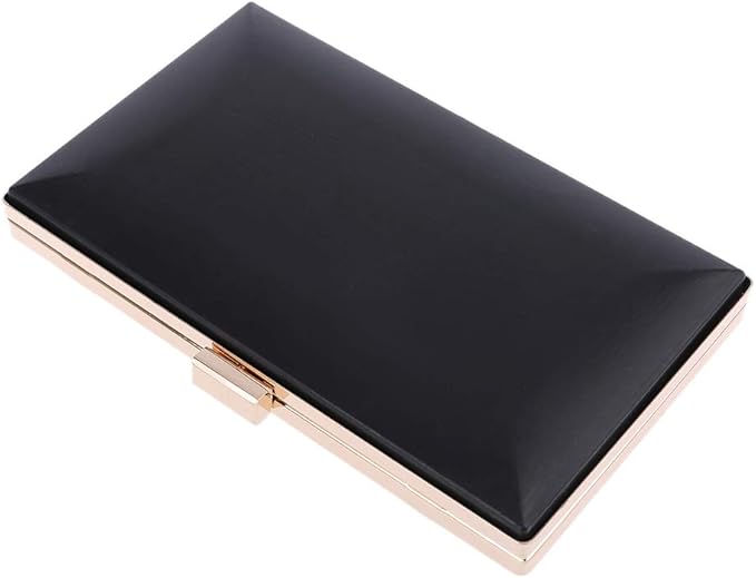 A rectangular black and gold clutch purse with a geometric, faceted design and a clasp closure.